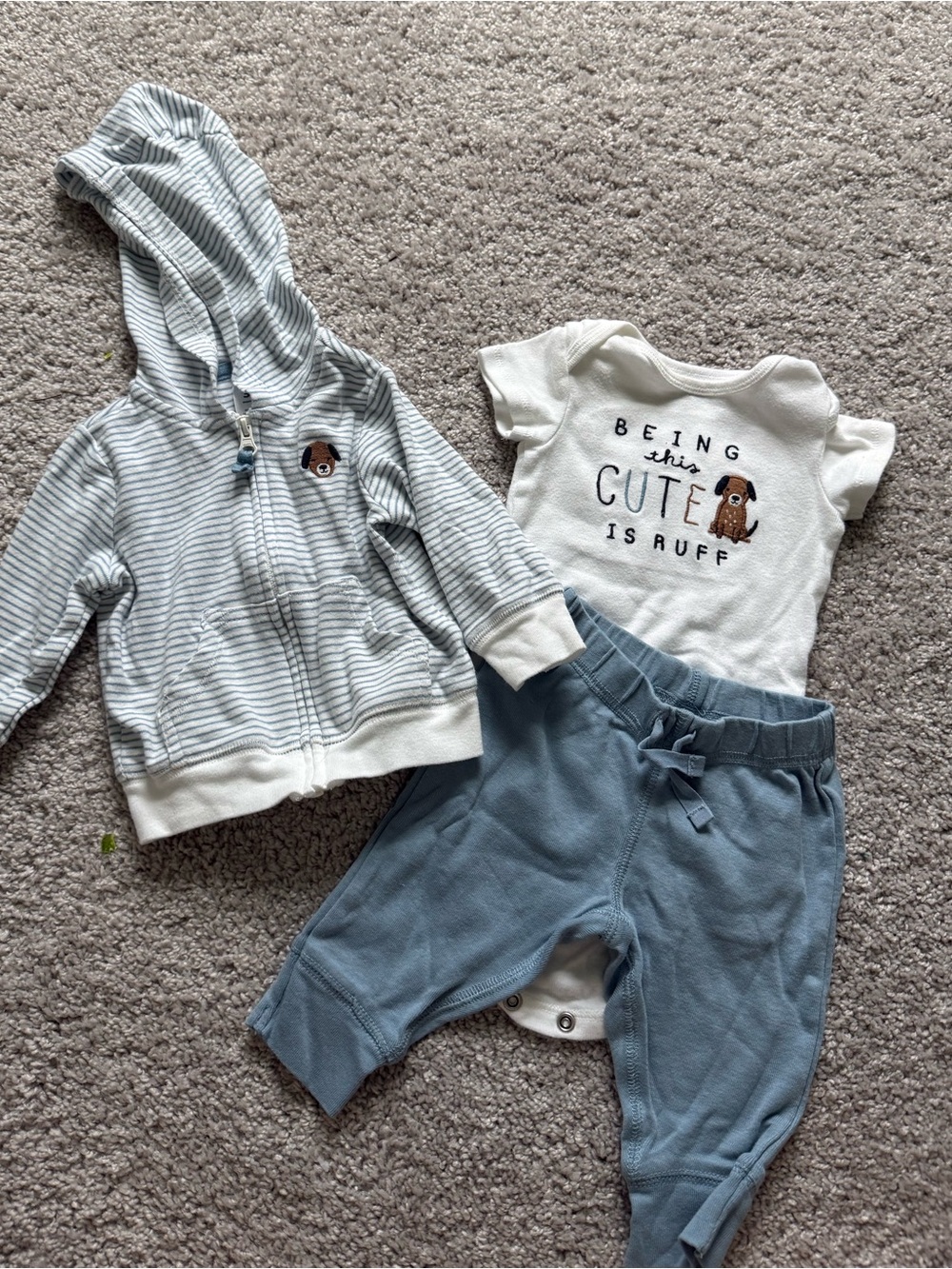 Carter's Blue Stripe Hoodie, Cream Puppy Bodysuit & Blue Pants Set
